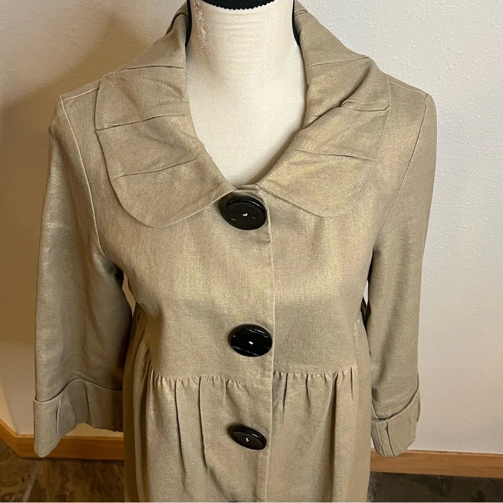 Kenzie Gold Metallic Light Weight Coat Big Buttons, Pleated Collar and Sleeves - Picture 1 of 11